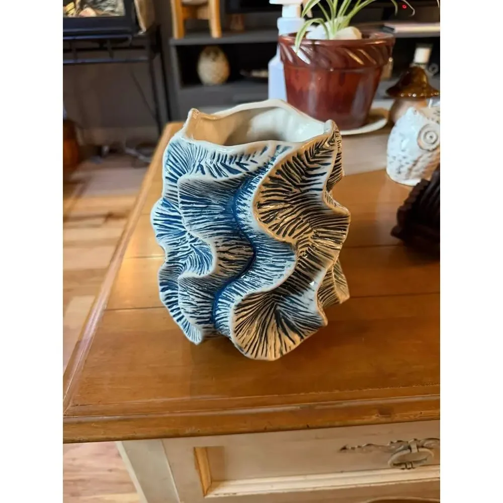 Bloomingville Sculptural Blue & White Ceramic Leaf Vase